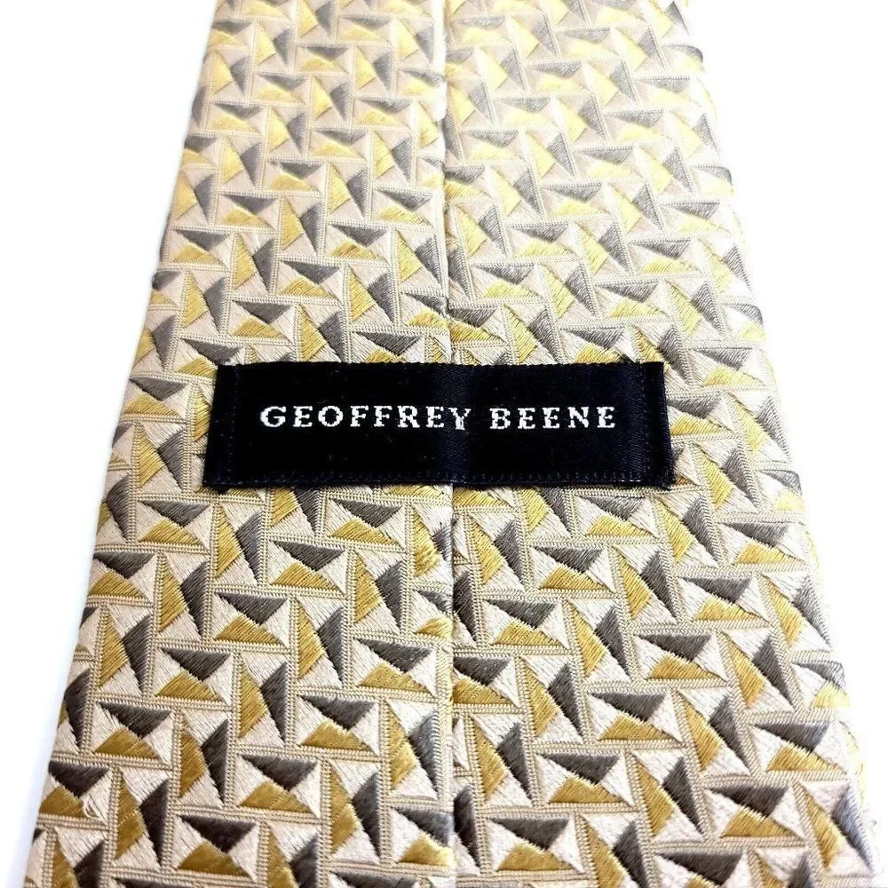 Geoffrey‎ Beene Gold Tan Geometric Woven Wide Silk Tie